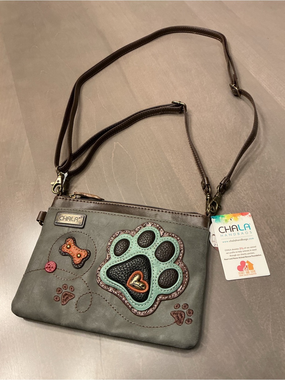 Chala StoneGray and Brown Paw Applique Crossbody/Purse/Clutch Bag NWT